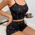 Kadın Siyah Çilek Desenli Seksi Gecelik Takım 6644
