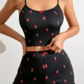 Kadın Siyah Çilek Desenli Seksi Gecelik Takım 6644