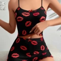 Kadın Siyah Dudak Desenli Şortlu Pijama Takımı 5057
