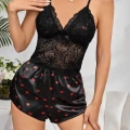 Kadın Siyah Kırmızı Kalp Desenli Saten Şort Pijama Takımı 2232