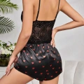Kadın Siyah Kırmızı Kalp Desenli Saten Şort Pijama Takımı 2232