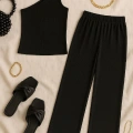 Kadın Siyah Tek Omuzlu Şık Bluz & Geniş Paça Pantolon İkili Takım