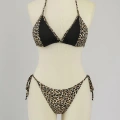 Kadın Siyah Ve Leopar Detaylı Yandan Bağlamalı Bikini Takımı