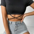 Kadın Siyah Yarım Kol Çapraz Bağlamalı Crop Top Bluz