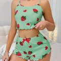 Kadın Yeşil Çilek Desenli Şortlu Pijama Takımı 5060