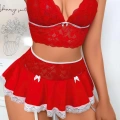 Kırmızı Dantel İşlemeli Büstiyerli Etekli Fantezi Kostüm