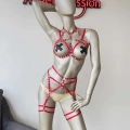 Kırmızı Seksi Elastik Jartiyer Harness Takım