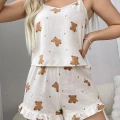 Pamuklu Ayıcık Desen Fırfırlı Askılı Şortlu Pijama Takımı