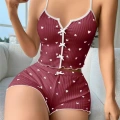 Pamuklu Kahverengi Üstüne Beyaz Kalp Desen Fitilli Askılı Şortlu Pijama Takımı