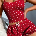 Pamuklu Kırmızı Üstüne Beyaz Kalp Desen Fitilli Askılı Şortlu Pijama Takımı