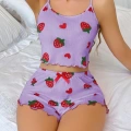 Pamuklu Lila Üstüne Çilek Desen Fitilli Askılı Şortlu Pijama Takımı