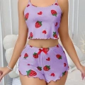 Pamuklu Lila Üstüne Çilek Desen Fitilli Askılı Şortlu Pijama Takımı