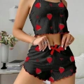 Pamuklu Siyah Üstüne Çilek Desen Fitilli Askılı Şortlu Pijama Takımı