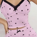 Pembe Kalp Desenli Askılı Şortlu Pijama Takım