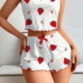 Penye Kumaş Çilek Desen Beyaz Şortlu Takım