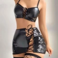 Siyah İp Dekolteli Mini Etekli Fantezi Parlak Deri Kostüm