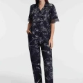 Yarım Kollu V Yaka Kadın Viskon Çiçek Desenli Yazlık Dokuma Dantel Detaylı Pijama Takımı