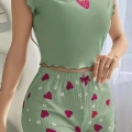 Yeşil Çilek Desenli Askılı Şortlu Pijama Takım