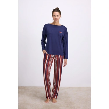 %100 Modal Lacivert Uzun Kollu T-shirt Ve Çizgili Pantolon Takımı