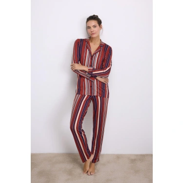 %100 Modal Uzun Kollu Düğmeli Çizgili Pijama Takımı