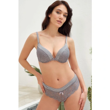 Balenli Destekli Dolgulu Taşlı Dantelli Sütyen Ve String Takım