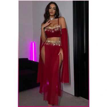 Bordo Pul Aksesuarlı Tül Etekli Kadın Seksi Gecelik