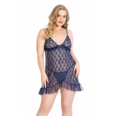 Büyük Beden Lacivert Kısa Tül Gecelik