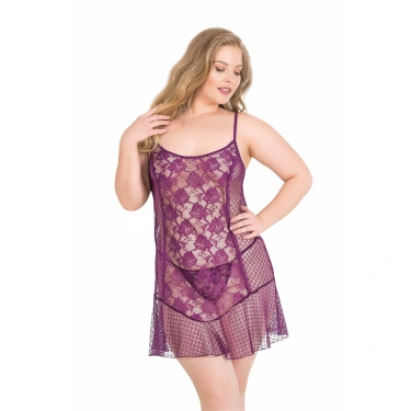 Büyük Beden Mor Kısa Tül Gecelik