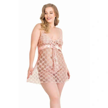 Büyük Beden Somon Kısa Tül Gecelik