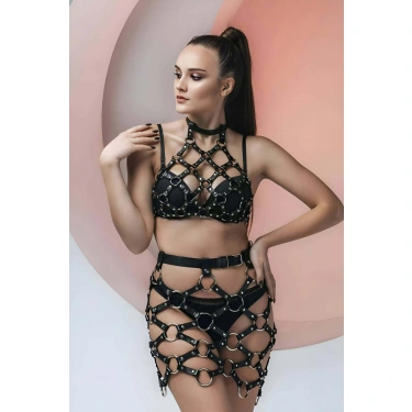 Çapraz Bağlı Crop Ve Etek Deri Fantazi Takım - Brf1289