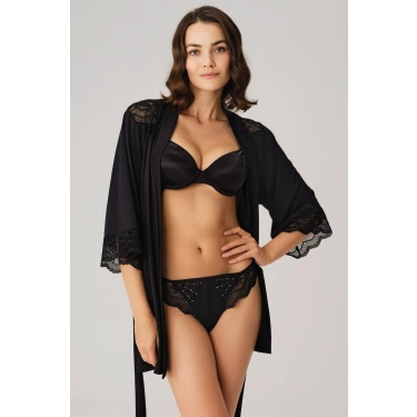 Dantelli Sabahlık Balenli Destekli Dolgulu Taşlı Sütyen Ve String 3lü Takım