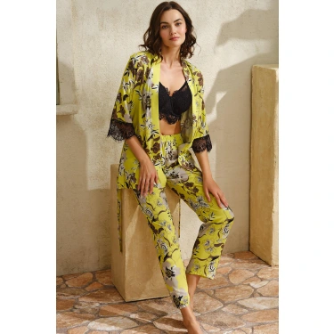 Dokuma Viskon Çiçek Baskılı Dantelli Sabahlık Balenli Desteksiz Dolgusuz Büstiyer Sütyen Ve Pantolon Pijama 3lü Takım