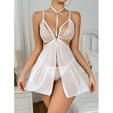Kadın Beyaz Fantazi Gecelik Kısa Tül Boyundan Bağlamalı Göğüs Dekolteli 2163