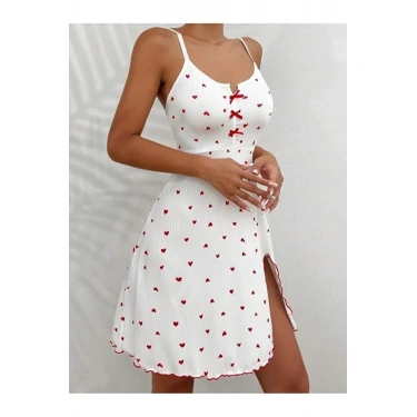 Kadın Beyaz Kırmızı Kalp Desenli Askılı  Elbise 5066