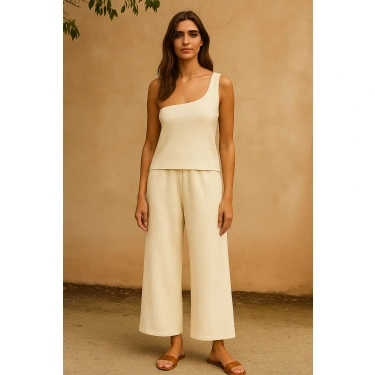 Kadın Beyaz Tek Omuzlu Şık Bluz & Geniş Paça Pantolon İkili Takım