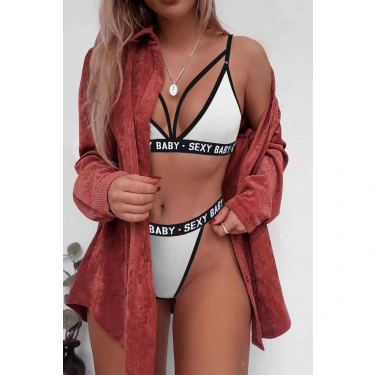 Kadın Beyaz Yazı Detaylı Ipli Sütyen Takımı