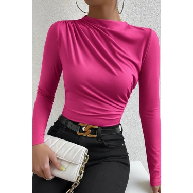 Kadın Fuşya Belden Ve Boyundan Büzgü Detaylı Uzun Kollu Bluz