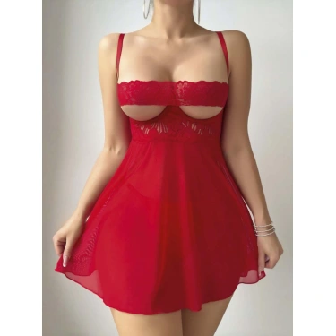 Kadın Kırmızı Fantazi Gecelik Tül Göğüs Dantel Dekolteli 2192