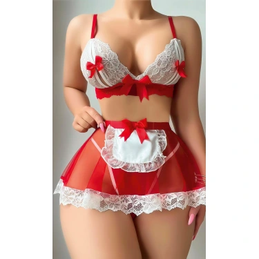 Kadın Kırmızı Fiyonklu Etekli Seksi Hizmetçi Kostümü 3826
