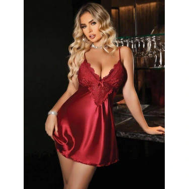 Kadın Kırmızı Saten Askılı Dantel Detaylı Gecelik 2227