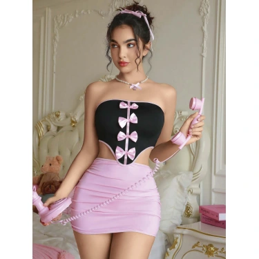 Kadın Pembe Etekli Fiyonk Detaylı Sexy Kostüm 8010