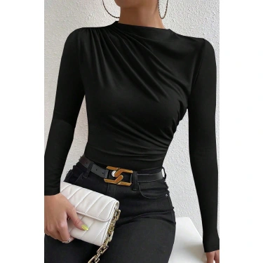 Kadın Siyah Belden Ve Boyundan Büzgü Detaylı Uzun Kollu Bluz