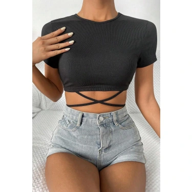 Kadın Siyah Yarım Kol Çapraz Bağlamalı Crop Top Bluz