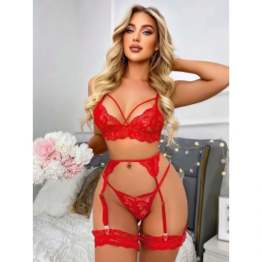Kırmızı Göğüs İp Detaylı Dantel İşlemeli Fantezi Jartiyer Takımı