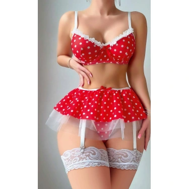Kırmızı Puantiye Etekli Kadın Fantazi Seksi Kostüm 2082
