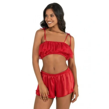 Kırmızı Saten Şort Takımı 9206