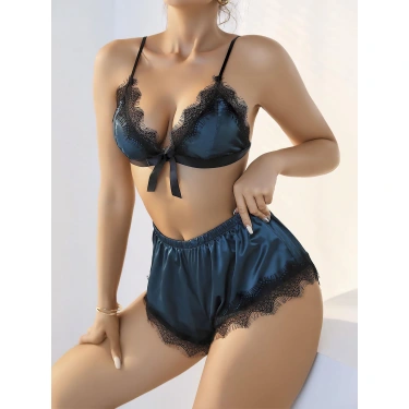 Lacivert Dantel İşlemeli Desteksiz Sütyenli Saten Şortlu Takım