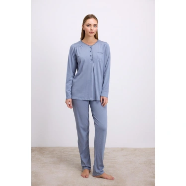 Modal Pamuklu Uzun Kollu Düğmeli 2li Pijama Takımı
