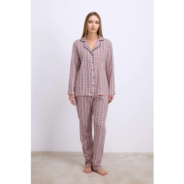 Pamuklu Uzun Kol Düğmeli Gömlek Ve Ekose Pantolon Pijama Takımı