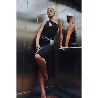 Püsküllü Deri Etek, Şık Deri Etek, Uzun Deri Etek, Siyah Deri Etek - Brf637